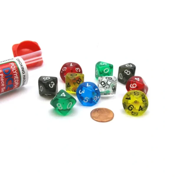 Set of 10 D10 Transparent Dice in Travel Tube - Assorted Colors - Your Source for Gaming Essentials Outlet