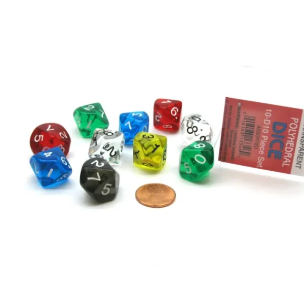 Set of 10 D10 Transparent Dice in Plastic Display Case - Assorted Colors - Your Source for Gaming Essentials Shop