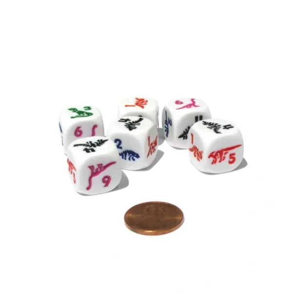 Set of 6 Dino Dice 16mm D6 Round Edge - White with Multi-Color Etched Dinosaurs - Your Source for Gaming Essentials Flash Sale