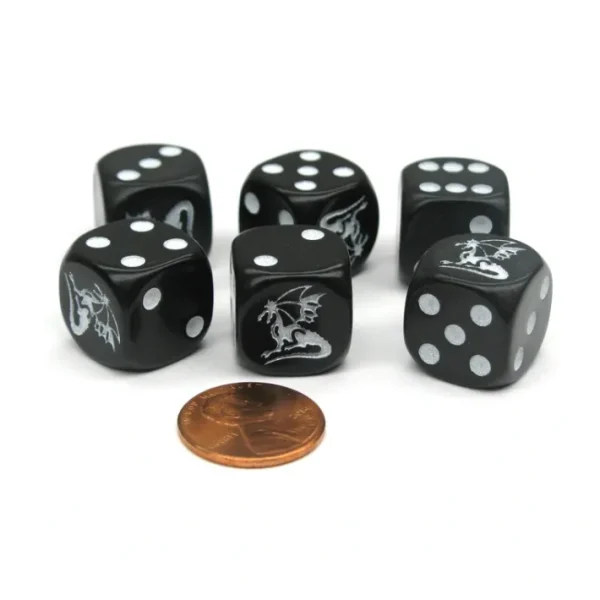 Set of 6 Dragon 16mm D6 Round Edge Creature Dice - Black with White Pips - Your Source for Gaming Essentials Flash Sale