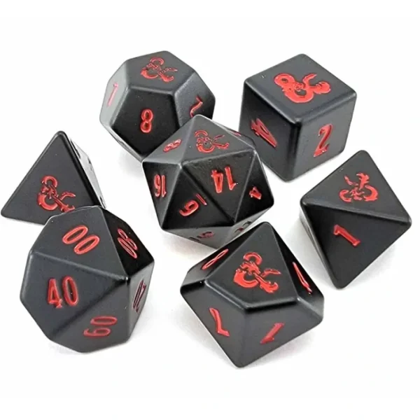 Set of 7 Dungeons and Dragons RPG Metal Polyhedral Dice - Black with Red Numbers - Your Source for Gaming Essentials Shop