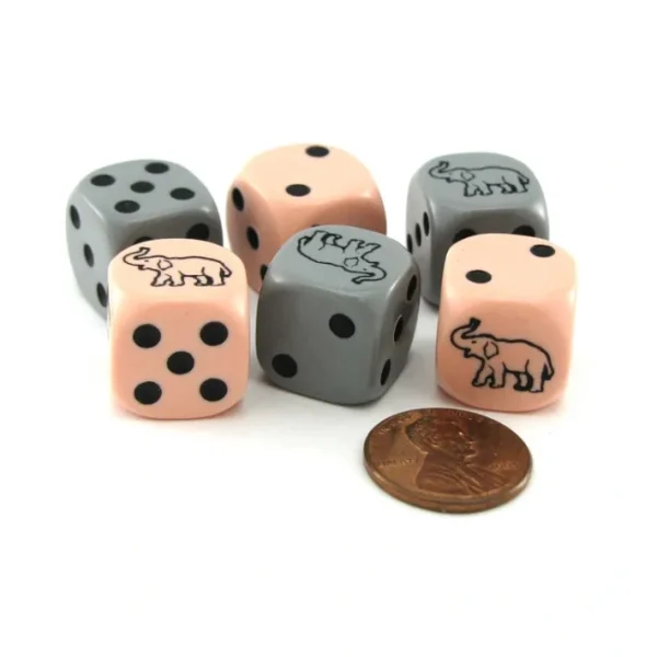 Set of 6 Elephant 16mm D6 Round Edged Animal Dice - 3 Pink and 3 Gray - Your Source for Gaming Essentials Sale