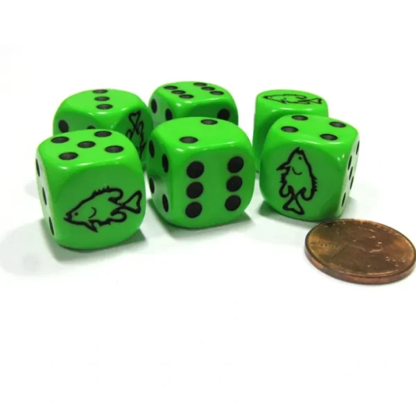 Set of 6 Fish 16mm D6 Round Edged Animal Dice - Green with Black Pips - Your Source for Gaming Essentials Outlet