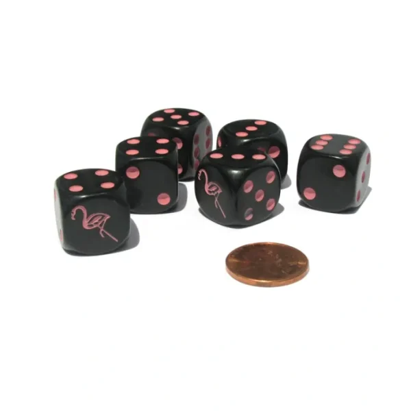 Set of 6 Flamingo 16mm D6 Round Edged Animal Dice - Black with Pink Pips - Your Source for Gaming Essentials Sale
