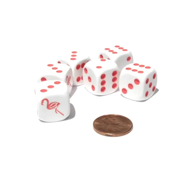 Set of 6 Flamingo 16mm D6 Round Edged Animal Dice - White with Pink Pips - Your Source for Gaming Essentials Fashion