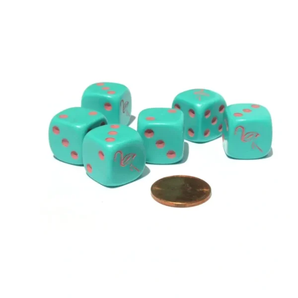 Set of 6 Flamingo 16mm D6 Round Edged Animal Dice - Aqua with Pink Pips - Your Source for Gaming Essentials Sale