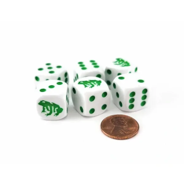 Set of 6 Frog 16mm D6 Round Edged Animal Dice - White with Green Pips - Your Source for Gaming Essentials Outlet
