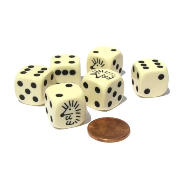 Set of 6 Hedgehog 16mm D6 Round Edged Animal Dice - Ivory with Black Pips - Your Source for Gaming Essentials New