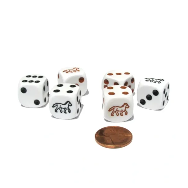 Set of 6 Horse 16mm Animal Dice - White with 3 Black and 3 Brown Pips - Your Source for Gaming Essentials Sale