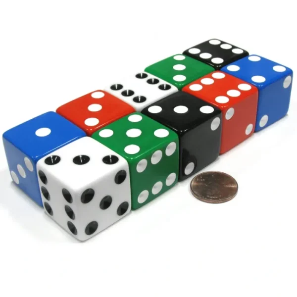 Set of 10 Jumbo Large Six Sided Square Opaque 25mm D6 Dice - 5 Assorted Colors - Your Source for Gaming Essentials Cheap