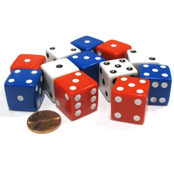 Set of 12 Large Six Sided 19mm D6 Dice - Patriotic USA 4 Ea of Red White & Blue - Your Source for Gaming Essentials New