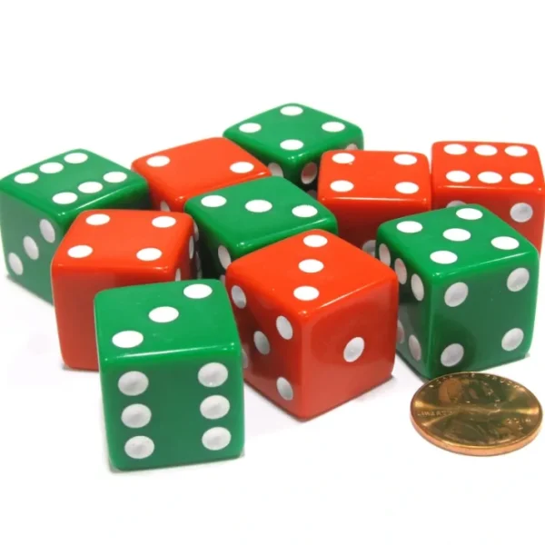 Set of 10 Large Six Sided Opaque 19mm D6 Dice - Christmas Colors 5 Green & 5 Red - Your Source for Gaming Essentials Best