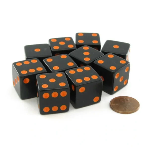 Set of 10 Large Six Sided Square Opaque 19mm D6 Dice - Black with Orange Pips - Your Source for Gaming Essentials Best Sale