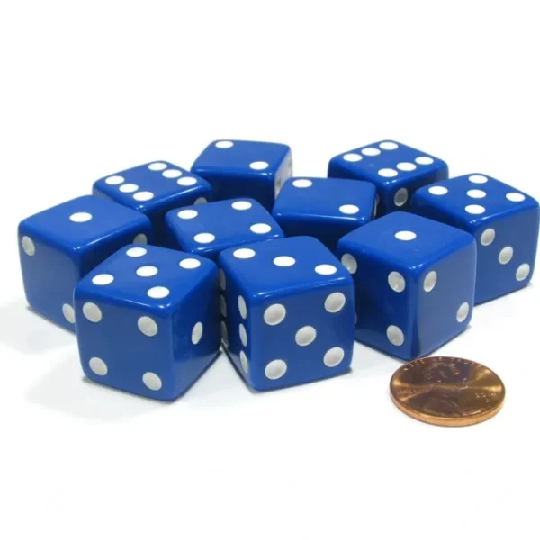 Set of 10 Large Six Sided Square Opaque 19mm D6 Dice - Blue with White Pips - Your Source for Gaming Essentials Cheap