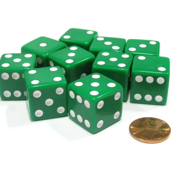 Set of 10 Large Six Sided Square Opaque 19mm D6 Dice - Green with White Pips - Your Source for Gaming Essentials Store