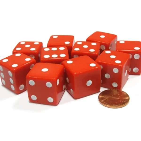Set of 10 Large Six Sided Square Opaque 19mm D6 Dice - Red with White Pips - Your Source for Gaming Essentials Outlet