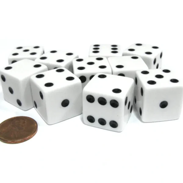 Set of 10 Large Six Sided Square Opaque 19mm D6 Dice - White with Black Pips - Your Source for Gaming Essentials Hot