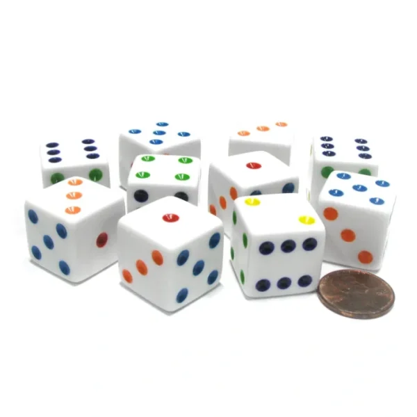 Set of 10 Large Six Sided Square Opaque 19mm D6 Dice - White with Multicolor Pip - Your Source for Gaming Essentials Clearance
