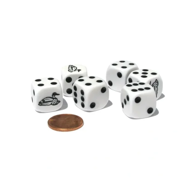 Set of 6 Loon 16mm D6 Round Edged Animal Dice - White with Black Pips - Your Source for Gaming Essentials Cheap