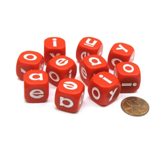 Set of 10 Lowercase English Vowel 16mm D6 Round Edge Dice-Red with White Letters - Your Source for Gaming Essentials Best Sale