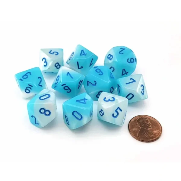 Set of 10 Luminary Gemini D10 Dice - Pearl Turquoise-White with Blue Numbers - Your Source for Gaming Essentials New
