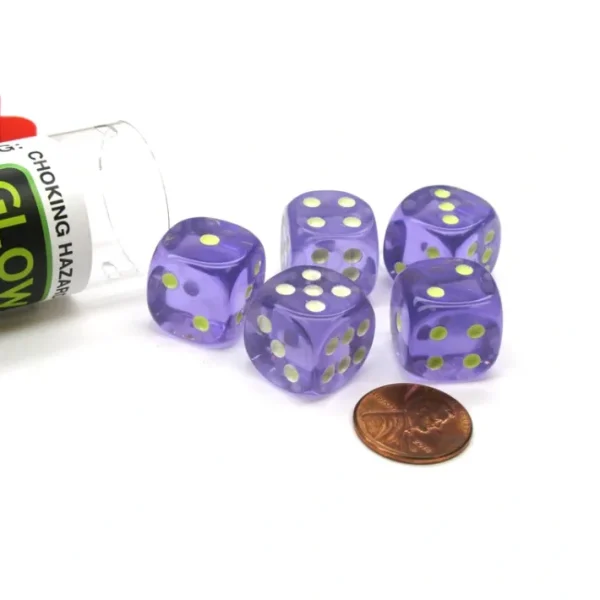 Set of 5 16mm D6 Glow In the Dark Spots Dice in Tube - Purple - Your Source for Gaming Essentials Sale