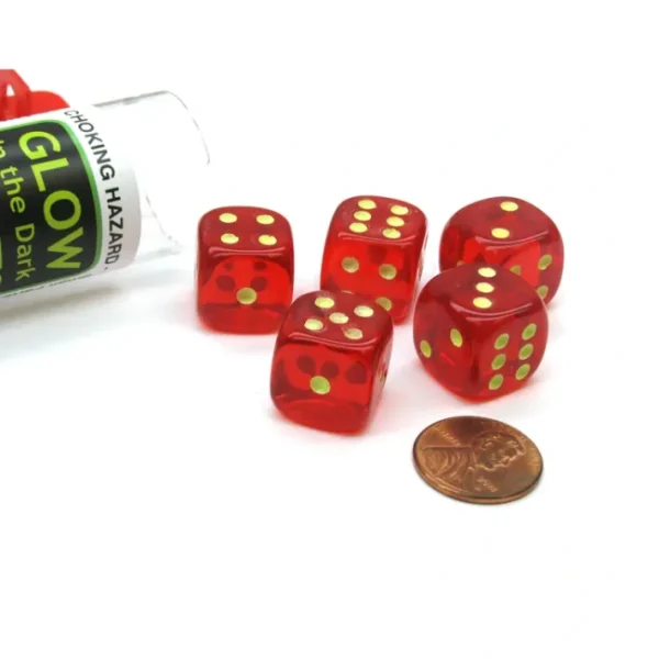 Set of 5 16mm D6 Glow In the Dark Spots Dice in Tube - Red - Your Source for Gaming Essentials Shop