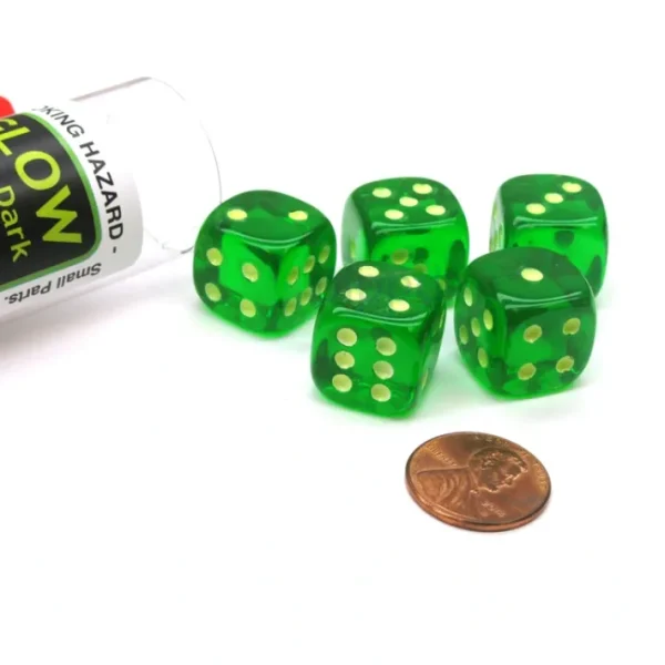 Set of 5 16mm D6 Glow In the Dark Spots Dice in Tube - Green - Your Source for Gaming Essentials Cheap