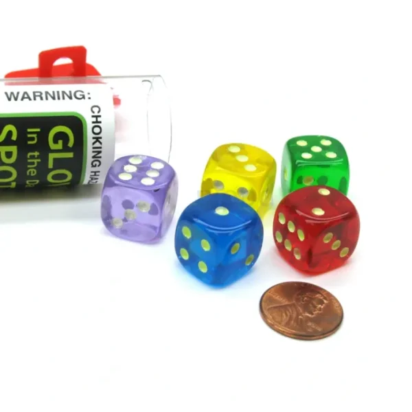 Set of 5 16mm Glow In the Dark Spots Dice - 1 Ea of Blue Green Purple Red Yellow - Your Source for Gaming Essentials Store