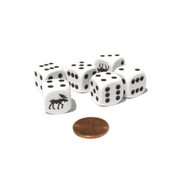 Set of 6 Moose 16mm D6 Round Edged Animal Dice - White with Brown Pips - Your Source for Gaming Essentials Clearance