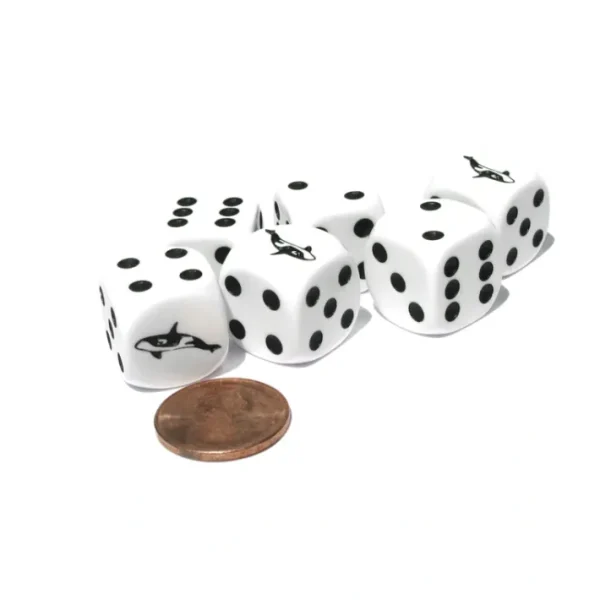 Set of 6 Orca Whale 16mm D6 Round Edge Animal Dice- White with Black Pips - Your Source for Gaming Essentials Cheap