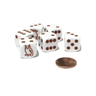 Set of 6 Owl 16mm D6 Round Edged Animal Dice - White with Brown Pips - Your Source for Gaming Essentials Clearance