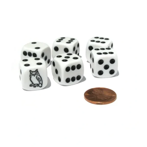 Set of 6 Owl 16mm D6 Round Edged Animal Dice - White with Black Pips - Your Source for Gaming Essentials Cheap
