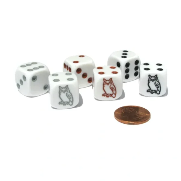 Set of 6 Owl 16mm Dice - 2 Each of White with Black, Brown, and Gray Pips - Your Source for Gaming Essentials Store
