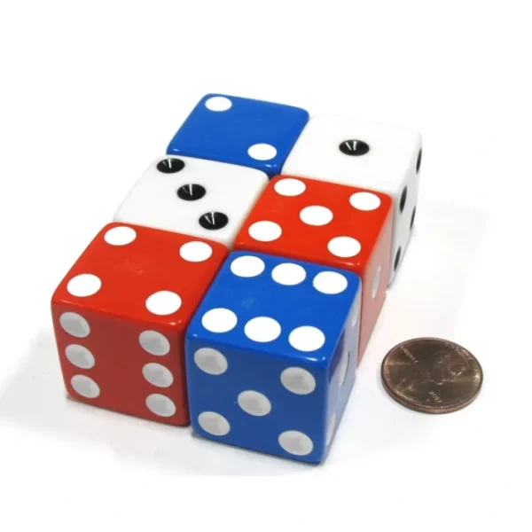 Set of 6 Patriotic D6 25mm Large Opaque Jumbo Dice- 2 Each of Red White and Blue - Your Source for Gaming Essentials Flash Sale