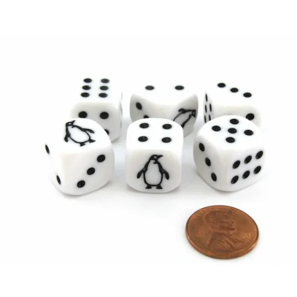 Set of 6 Penguin 16mm D6 Round Edged Animal Dice - White with Black Pips - Your Source for Gaming Essentials Cheap