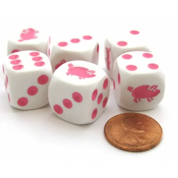 Set of 6 Pig 16mm D6 Round Edged Animal Dice - White with Pink Pips - Your Source for Gaming Essentials Cheap