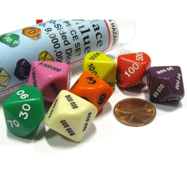 Set of 7 Place Value D10 Dice In a Tube- Number Die for Counting 0 to 9,999,999 - Your Source for Gaming Essentials Shop