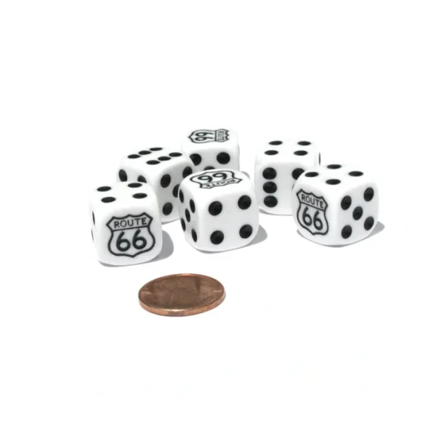 Set of 6 Route 66 16mm D6 Round Edged Dice - White with Black Pips - Your Source for Gaming Essentials Best