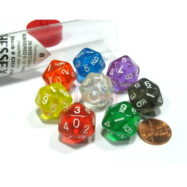 Set of 8 20-Sided D10 Chessex Dice Numbered 0-9 Twice - Translucent Assortment - Your Source for Gaming Essentials Sale