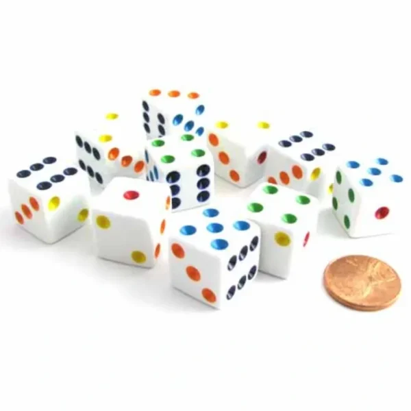 Set of 10 Six Sided D6 16mm Standard Dice Die - White with Multi-Color Pips - Your Source for Gaming Essentials Store