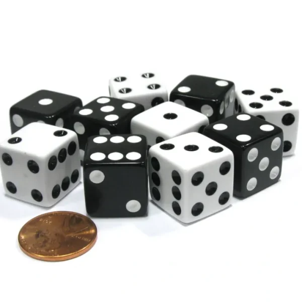 Set of 10 Six Sided 16mm D6 Dice - 5 Black w White Pip and 5 White w Black Pip - Your Source for Gaming Essentials Cheap
