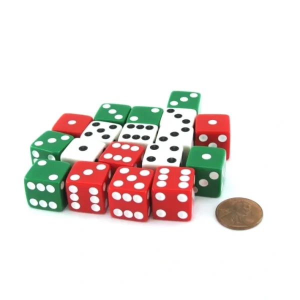 Set of 18 Six Sided 16mm D6 Standard 5/8" Dice - 6 Each of Red White and Green - Your Source for Gaming Essentials Outlet