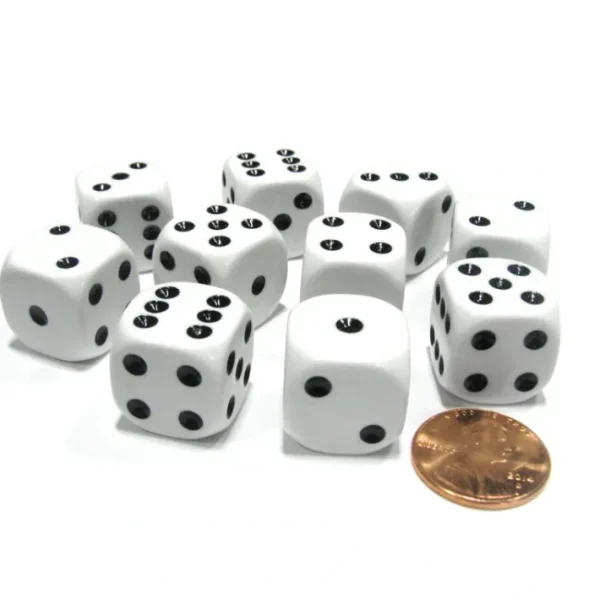 Set of 10 Six Sided Round Corner Opaque 16mm D6 Dice - White with Black Pip - Your Source for Gaming Essentials Fashion