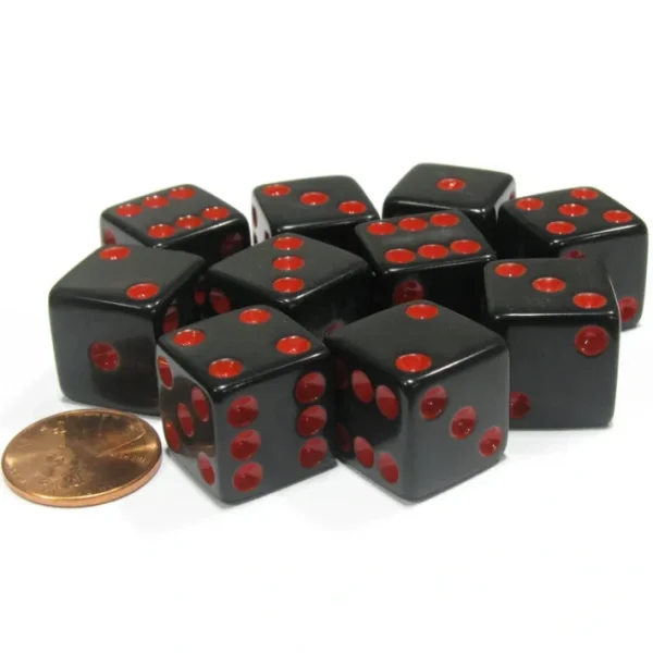 Set of 10 Six Sided Square Opaque 16mm D6 Dice - Black with Red Pip Die - Your Source for Gaming Essentials Hot