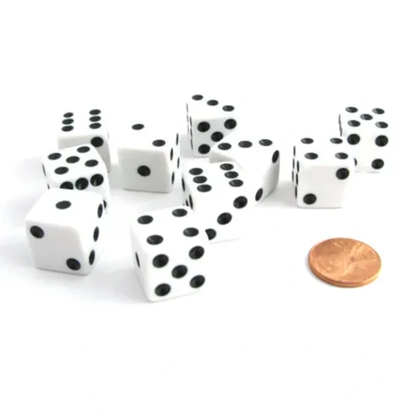 Set of 10 Six Sided Square Opaque 16mm D6 Dice - White with Black Pip Die - Your Source for Gaming Essentials Online