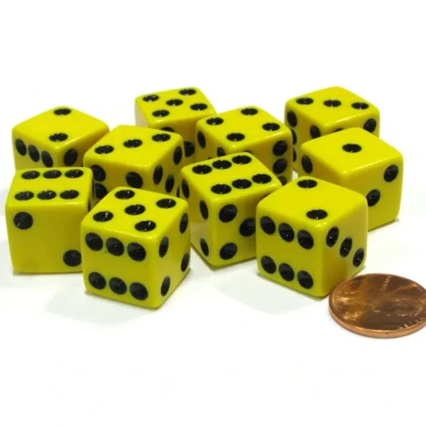 Set of 10 Six Sided Square Opaque 16mm D6 Dice - Yellow with Black Pip Die - Your Source for Gaming Essentials Hot