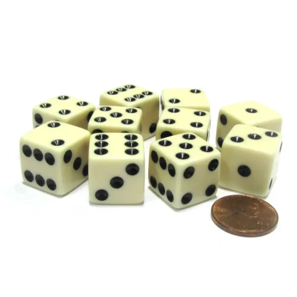 Set of 10 Six Sided Square Opaque 16mm D6 Dice - Ivory with Black Pip Die - Your Source for Gaming Essentials Store