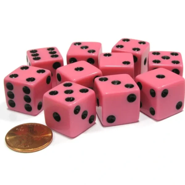Set of 10 Six Sided Square Opaque 16mm D6 Dice - Pink with Black Pip Die - Your Source for Gaming Essentials Flash Sale