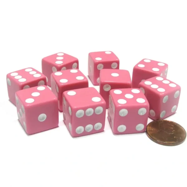 Set of 10 Six Sided Square Opaque 16mm D6 Dice - Pink with White Pip Die - Your Source for Gaming Essentials Store